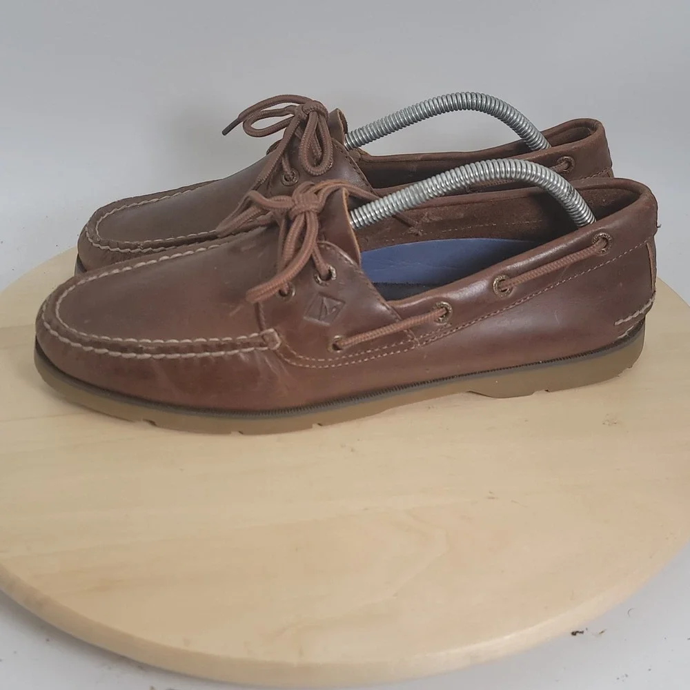 Sperry Top-Sider Leeward 2-Eye Leather Boat Brown Shoes STS18231 Men's Size 9.5